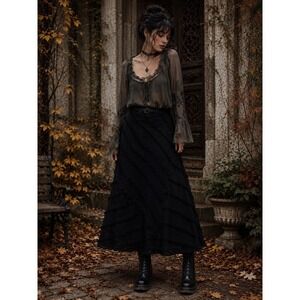 Insight Black Linen Cotton Frayed Fringe Maxi Skirt Gothic Whimsigoth Size 10